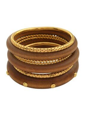 Brown & gold faux wood bangle bracelet stack set of 7 Boho Peasant Summer Retro